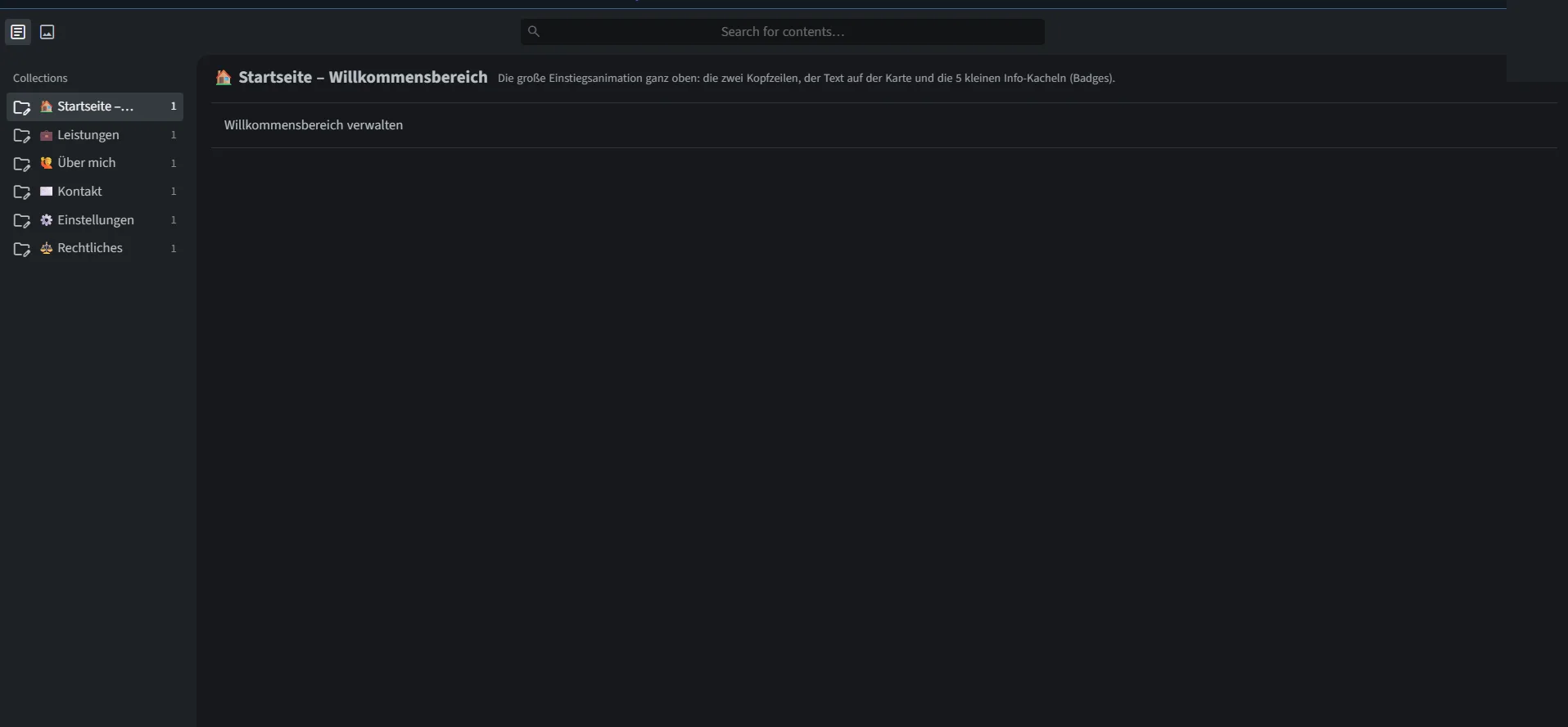 Sveltia CMS: Übersicht aller Inhaltsbereiche einer Website