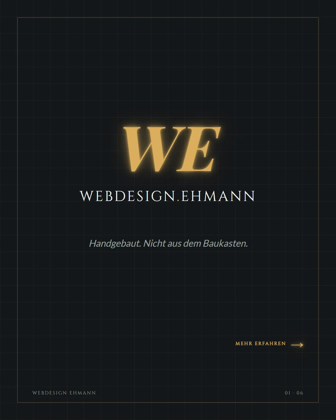 Instagram-Auftakt-Slide von Webdesign Ehmann mit Logo und Claim „Handgebaut. Nicht aus dem Baukasten.“